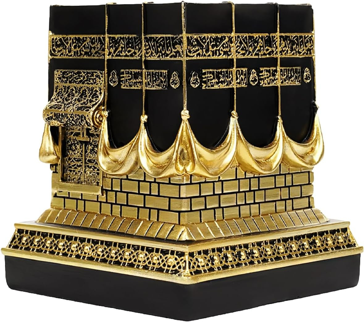 Resin Kaba Replica Decor - 4.6 Inch Golden Black Islamic Prayer House Model with Arabic Script & Rhinestones, Eid Ramadan Gift, Muslim Home Office Desk Decoration (4.17X4.17 in Base) (Gold)