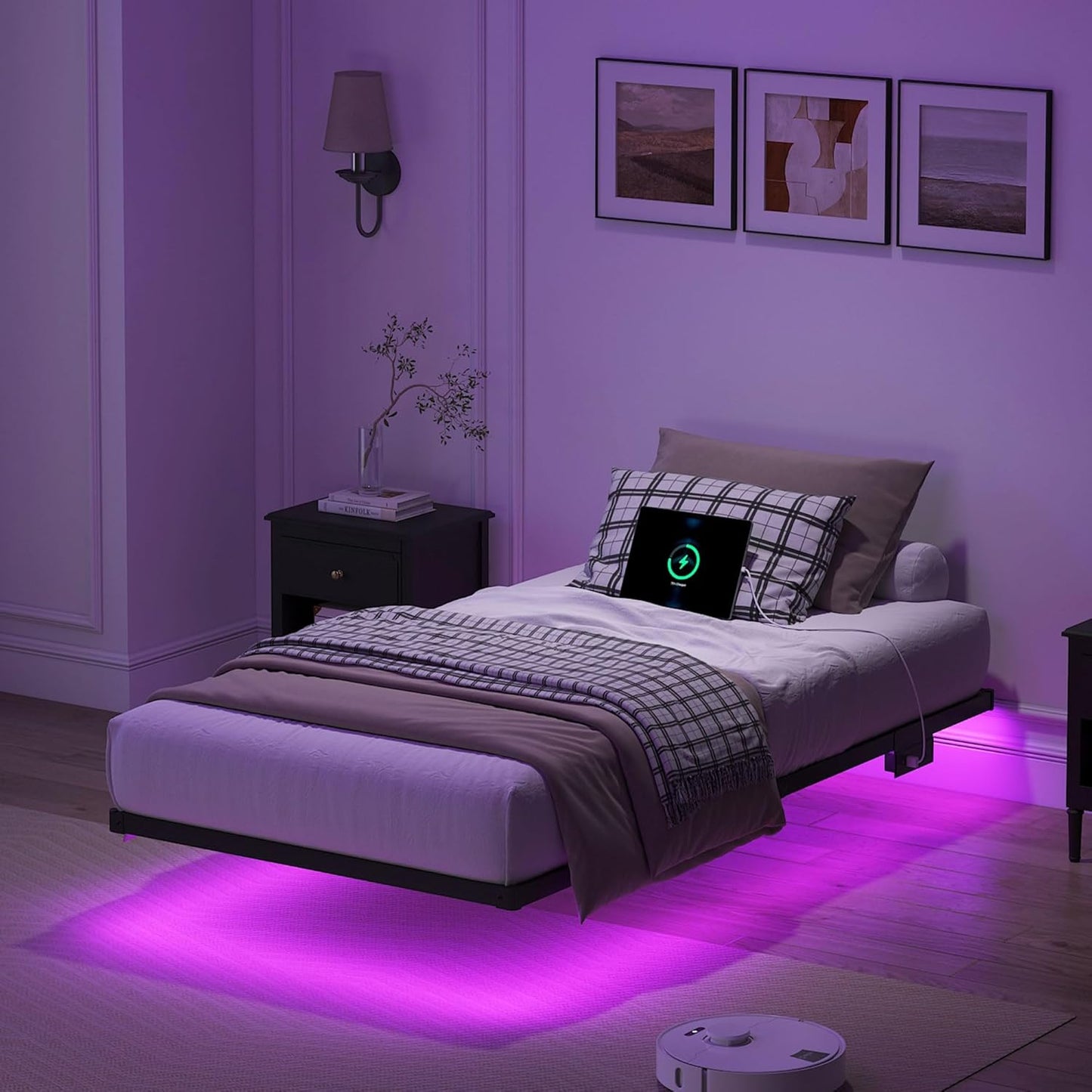 Floating Bed Frame Twin Size, Heavy Duty Bedframe with Smart LED Lights & Charging Station, Modern Metal Platform Bed, Easy Assembly No Box Spring Needed, 8 Inch