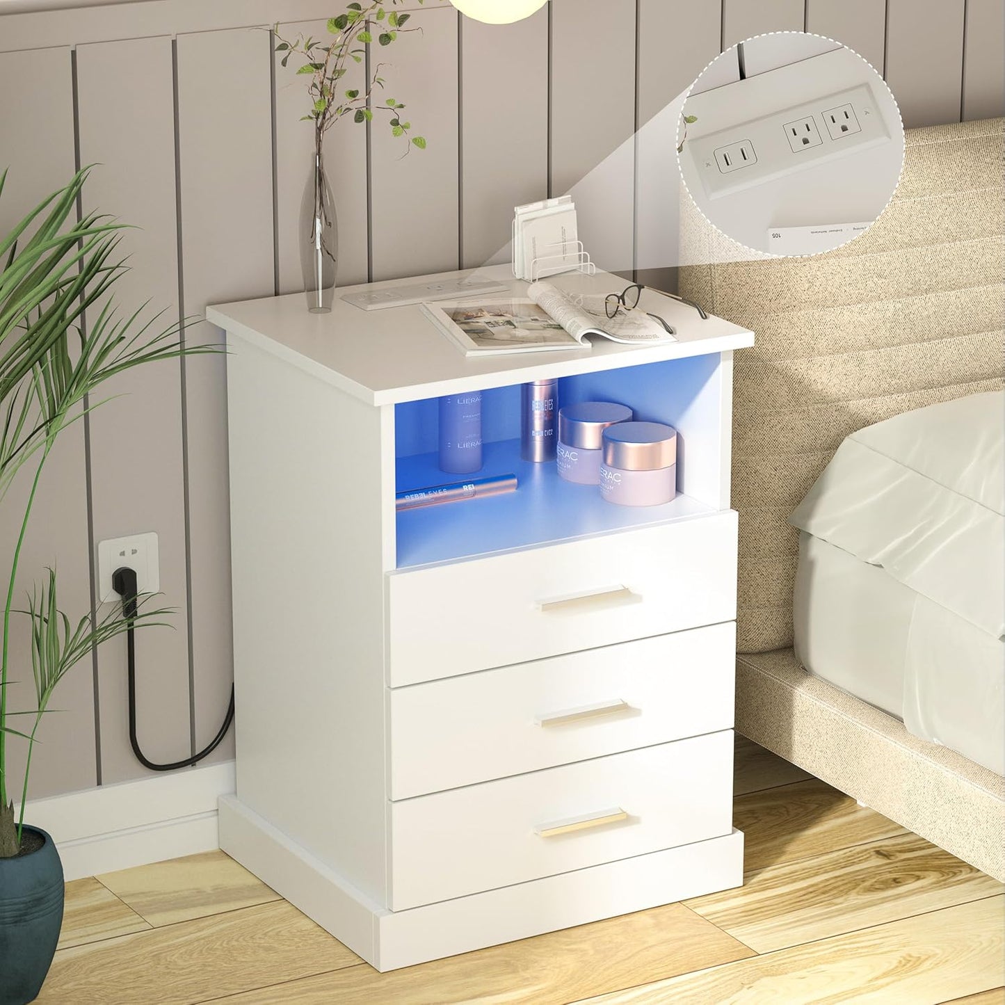 Black LED Nightstand with Charging Station, Side Table with 3 Drawers and Light, End Table with Open Storage, beside Cabinet for Bedroom (Black)