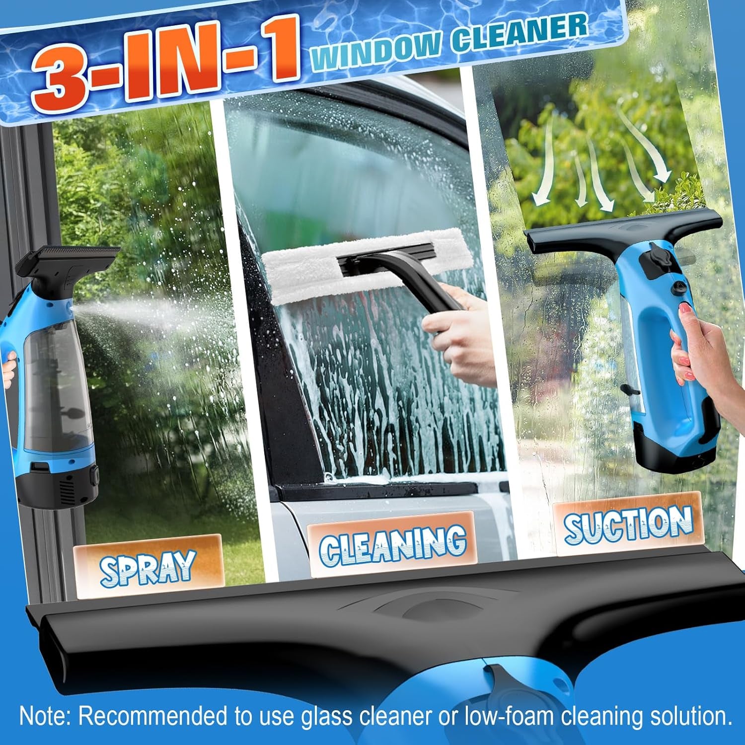 3 in 1 Rechargeable Window Vacuum Squeegee Cordless with 10 Inch Blade, Window Cleaner for Efficiently Spraying, Wiping and Vacuuming Windows, Mirrors, Shower Glass, Tiles and Countertops, Blue