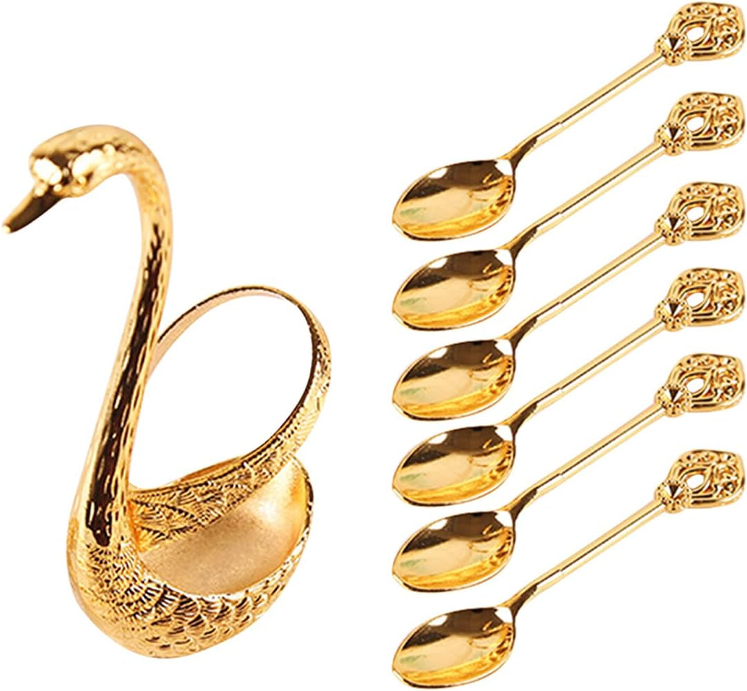 4.8 in Coffee Spoon Set with Holder, Swan Spoon and Fork Holder, Gold Durable Spoons Coffee Station Storage Organizer for Home Kitchen Christmas Universal Gift(Gold)