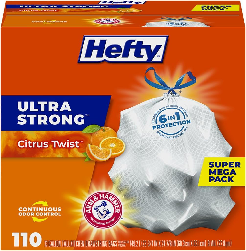 Ultra Strong 13 Gallon Trash Bags, Black Tall Kitchen Trash Bags 13 Gallon Size, Break Resistant Drawstring Enclosure, Continuous Odor Control, Blackout, Clean Burst Scent, 80 Bags