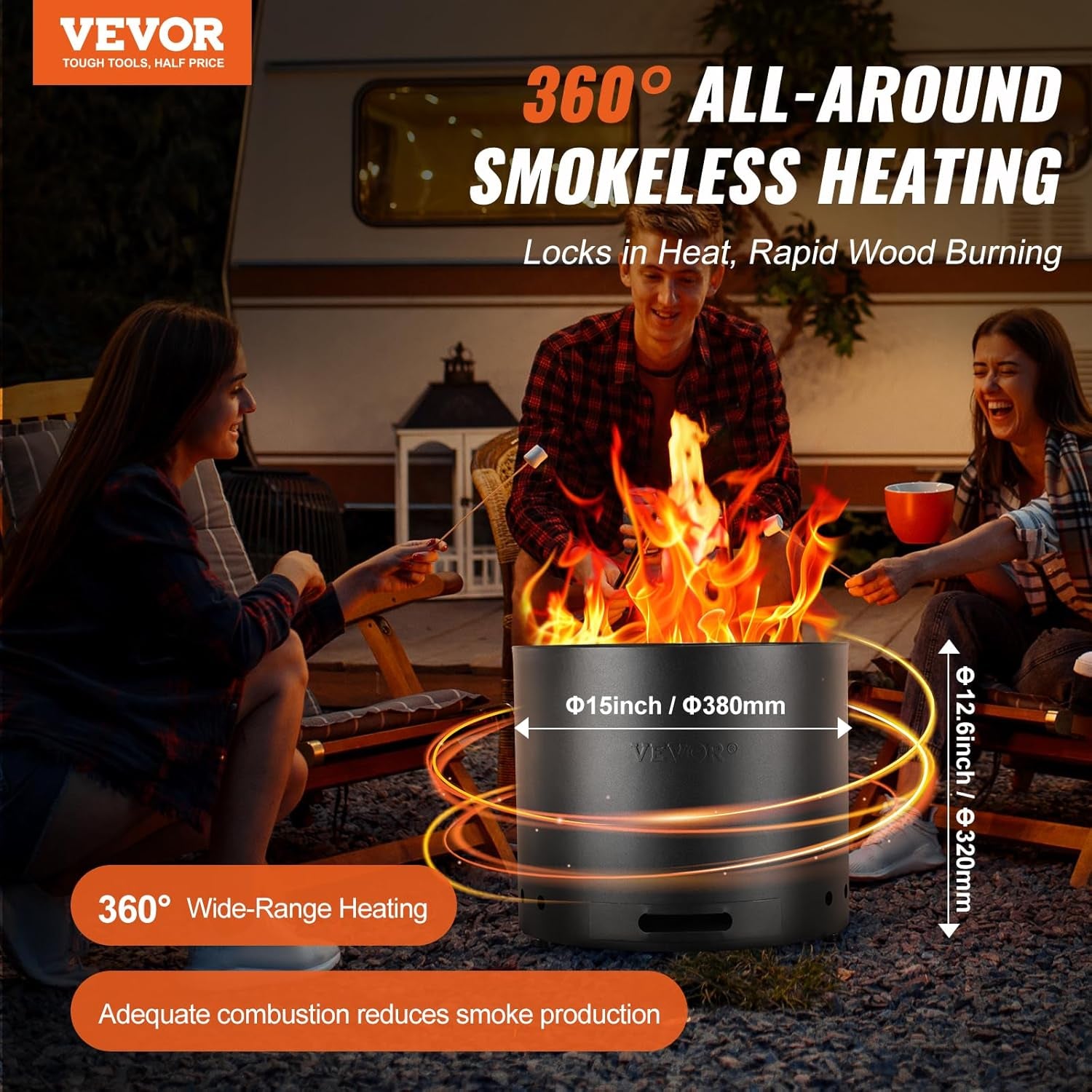 15 Inch Smokeless Fire Pit Stove Bonfire, Wood Burning Fireplaces with Removable Ash Pan, SUS430 Stainless Steel Inner Portable Outdoor Firepit, Ideal for Outdoor Patio Camping High 12.6 Inch