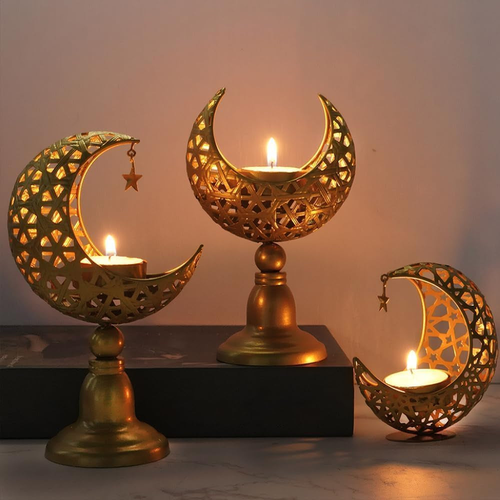 Eid Ramadan Kareem New Moon Shape Candle Holder,,Moon Candle Stand Centerpieces for Eid Mubarak Table Decorations (3 Pcs)