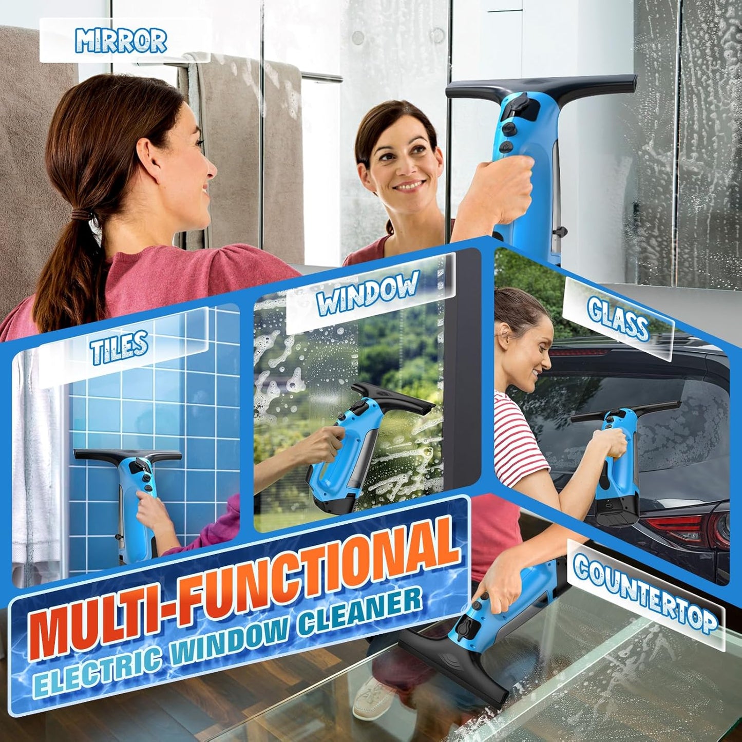 3 in 1 Rechargeable Window Vacuum Squeegee Cordless with 10 Inch Blade, Window Cleaner for Efficiently Spraying, Wiping and Vacuuming Windows, Mirrors, Shower Glass, Tiles and Countertops, Blue