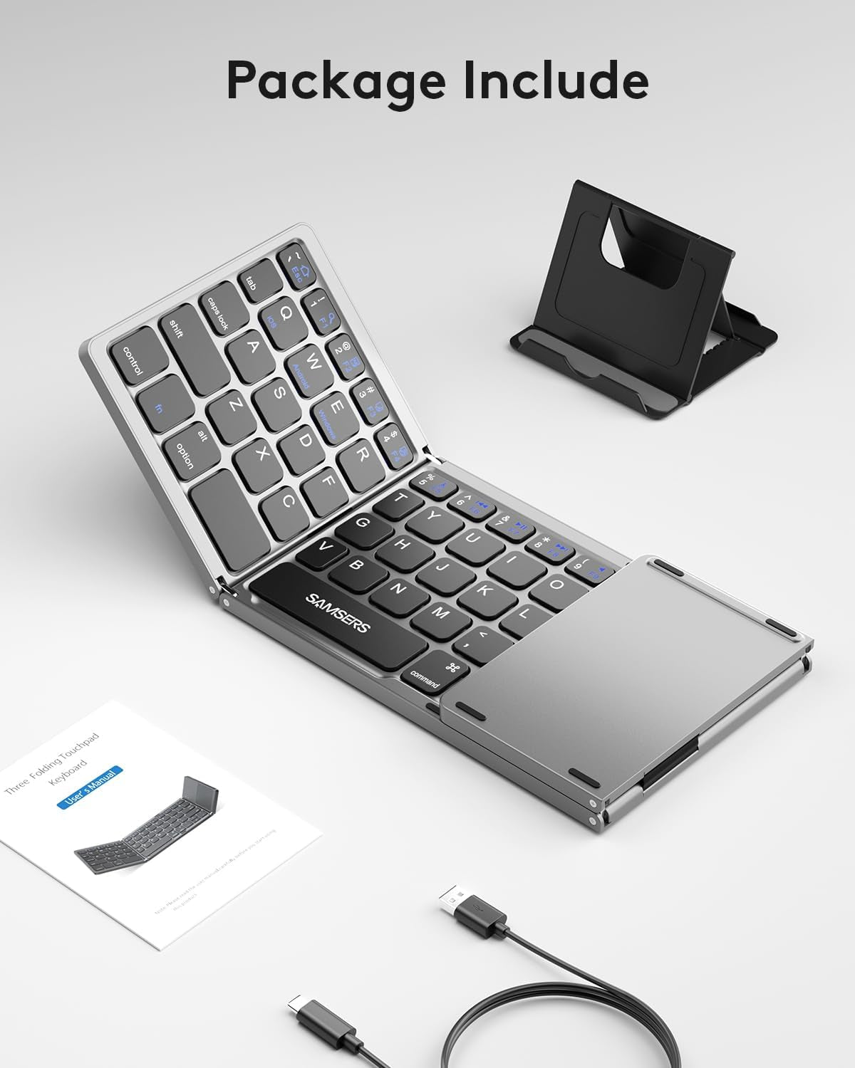 Foldable Bluetooth Keyboard with Touchpad, Portable Wireless Keyboard with Stand Holder, Rechargeable Full Size Ultra Slim Pocket Folding Keyboards for Android Windows IOS Tablet & Laptop-Gray