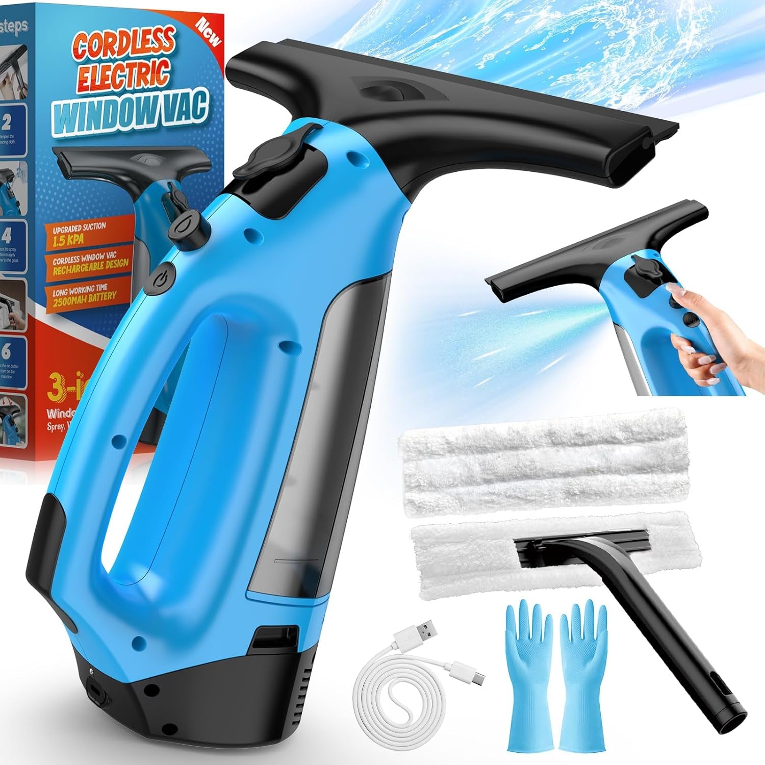 3 in 1 Rechargeable Window Vacuum Squeegee Cordless with 10 Inch Blade, Window Cleaner for Efficiently Spraying, Wiping and Vacuuming Windows, Mirrors, Shower Glass, Tiles and Countertops, Blue