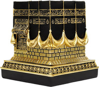Resin Kaba Replica Decor - 4.6 Inch Golden Black Islamic Prayer House Model with Arabic Script & Rhinestones, Eid Ramadan Gift, Muslim Home Office Desk Decoration (4.17X4.17 in Base) (Gold)