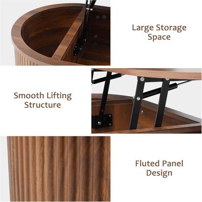 Fluted Coffee Table with Lifting Top, Oval Wood Lift Top Coffee Table with Hidden Compartment, Mid Century Pull up Center Tables for Living Room, Office - Walnut