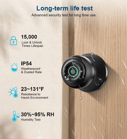 Fingerprint Door Lock, Smart Fingerprint Door Knob with Lock, Biometric Door Knob with App Control & Key, Keyless Thumbprint Entry Door Lock for Bedroom, Front Door, Home, Apartment Office-Matte Black