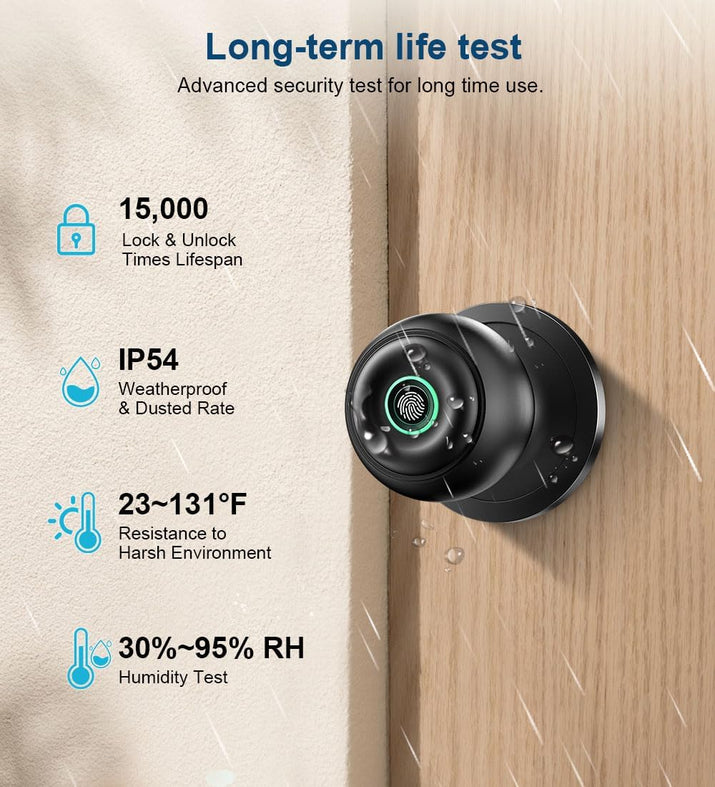 Fingerprint Door Lock, Smart Fingerprint Door Knob with Lock, Biometric Door Knob with App Control & Key, Keyless Thumbprint Entry Door Lock for Bedroom, Front Door, Home, Apartment Office-Matte Black