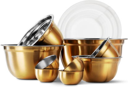 18 Piece Mixing Bowls Set with Airtight Lids, Stainless Steel Bowl Organizers, Food Storage Containers, Meal Prep, Nesting Salad Bowls for Cooking, Baking, Kitchen Use, Copper