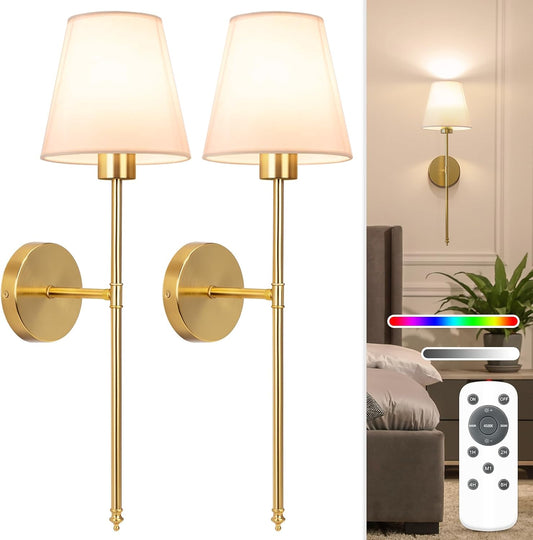Battery Operated Wall Sconce Set of 2,Gold Rechargeable Wall Lights with 5200Mah Dimmable Bulbs and Remote,10 Colors Wireless Wall Lamps for Bedroom Living Room Hallway Decor