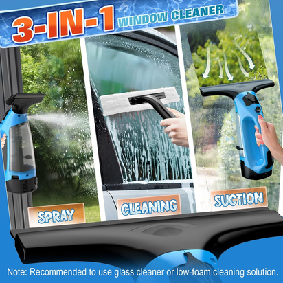 3 in 1 Rechargeable Window Vacuum Squeegee Cordless with 10 Inch Blade, Window Cleaner for Efficiently Spraying, Wiping and Vacuuming Windows, Mirrors, Shower Glass, Tiles and Countertops, Blue
