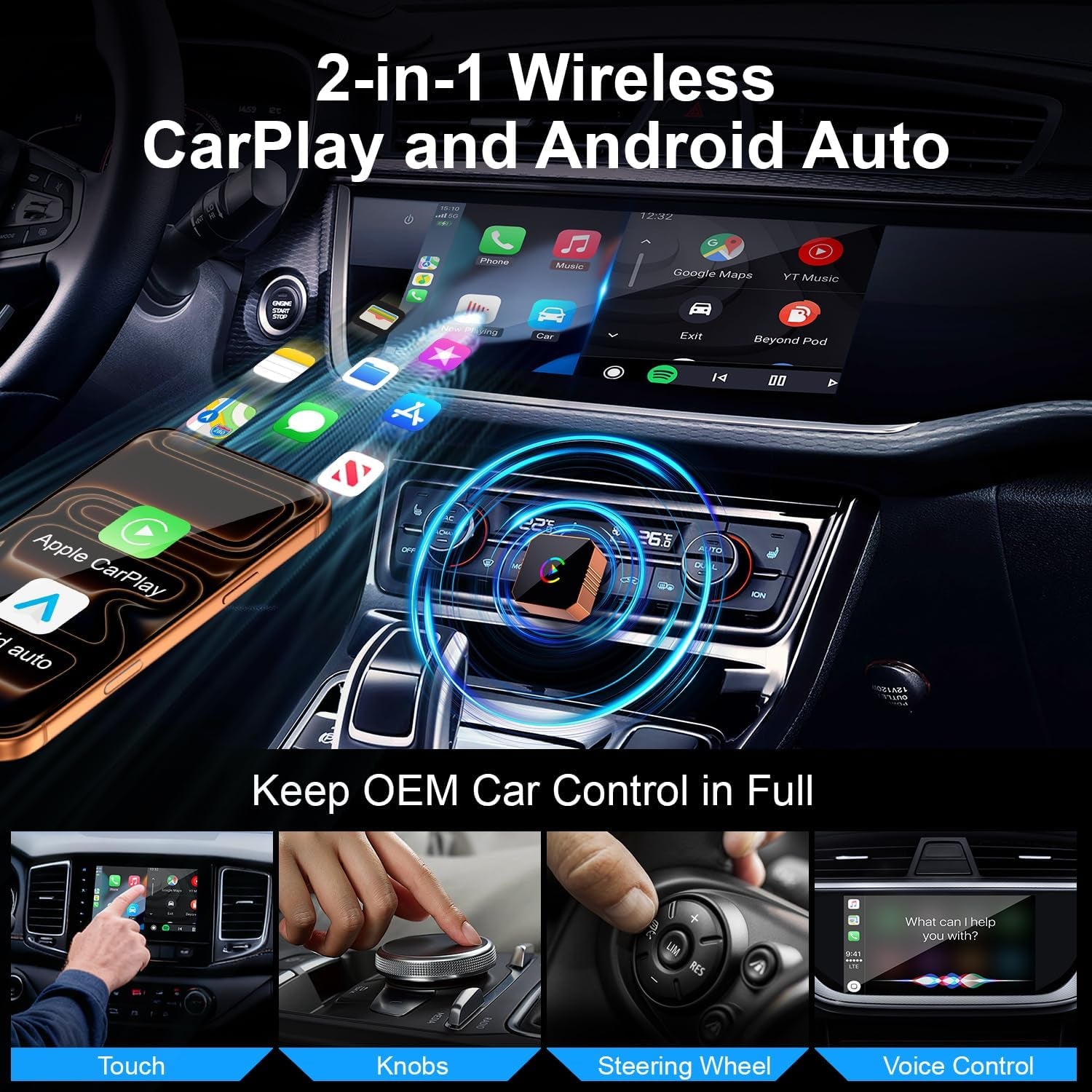 Wireless Carplay Adapter for Iphone,Wired Carplay to Wireless,Android Auto 2In1 Mini USB Design with Fast Stable Connection Car Play for Apple Ios 10+, Android 11+ Version