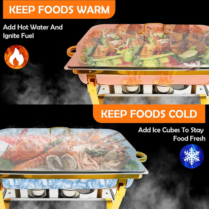 Chafing Dish Buffet Set 9QT 4 Pack, Gold Chafing Dishes for Buffet with 4 Serving Tongs, Buffet Set Full Size Large Serving Chafing Dishes, Warming Food Tray for Catering & New Year Parties