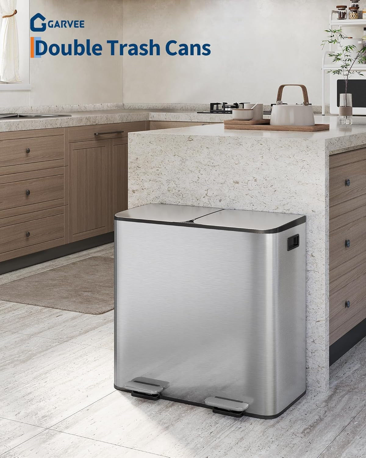 2 X 10.6 Gal Stainless Steel Double Trash Can with Lid for Kitchen, Large Dual Trash and Recycle Bin Combo, Step-On Kitchen Metal Garbage Cans, PP Inner Buckets, Liner Rim, Silver