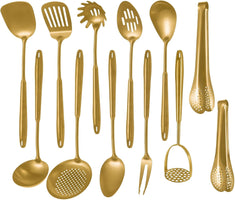 304 Stainlss Steel Matte Kitchen Utensils Set, 12 Pcs Long Metal Cooking Utensil Gadgets Tools Set with Spatula, Ladle, Spoon, Ladle, Skimmer, Tunner, Pasta Server, Tongs(Gold, Dishwasher Safe)