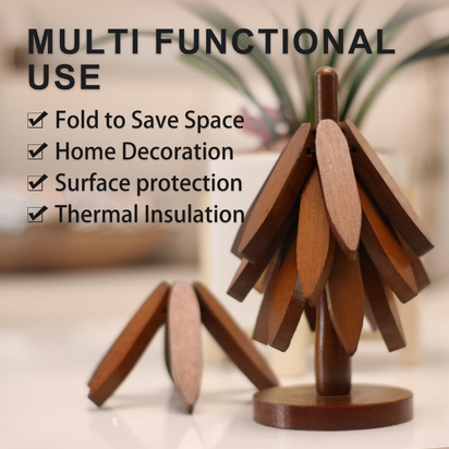 Wooden Trivet Tree Set for Hot Dishes, 100% Natural Wood, Expandable Design Coaster, Foldable Tree-Sharped Placemats with 4Pcs(Walnut Color)