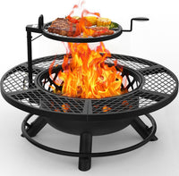 Fire Pit with Poker, 32 Inch Outdoor Fire Pit Patio, Wood Burning Firepits for outside with Grill