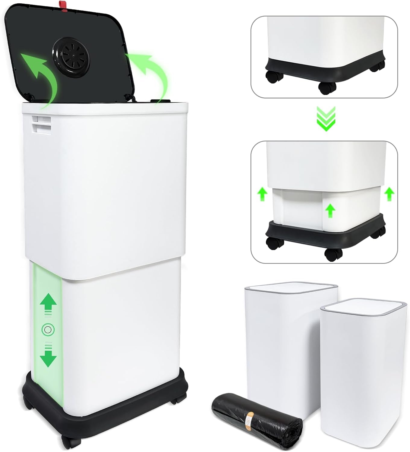 13 Gallon Trash Can with Lid, 25-45 L Altitude Variable Bin, Garbage Can with Wheels for Kitchen, Bathroom, Bedroom, Office, Two Space-Saving Small Waste Bin and Garbage Bag