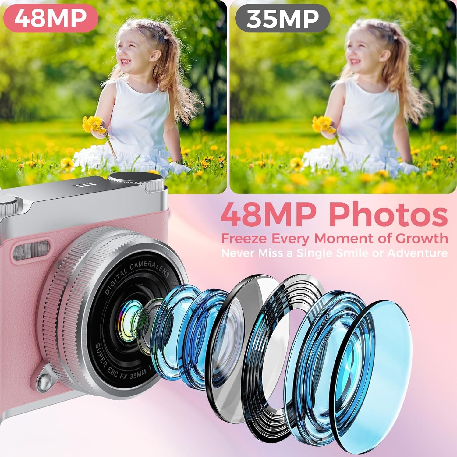 Upgrade Kids Selfie Camera, HD Digital Video Cameras for Toddler, Portable Toy for 3 4 5 6 7 8 Year Old Girl with 32GB SD Card-Pink