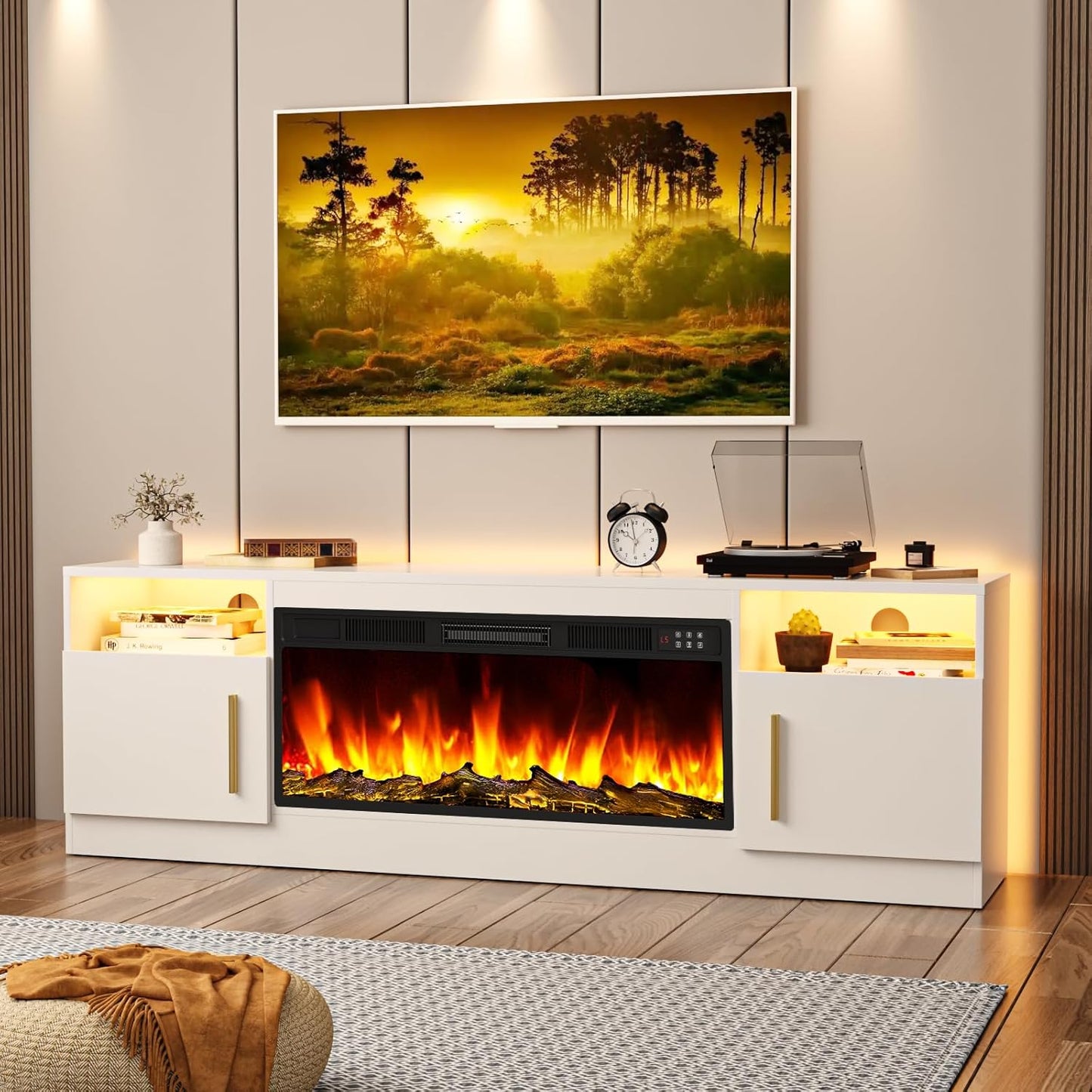 Fireplace TV Stand Entertainment Center with 36" Fireplace, 70" Wooden TV Stand for Tvs up to 80", Media TV Console with High Gloss Storage Cabinet and 16 Colors LED Lights (Black)