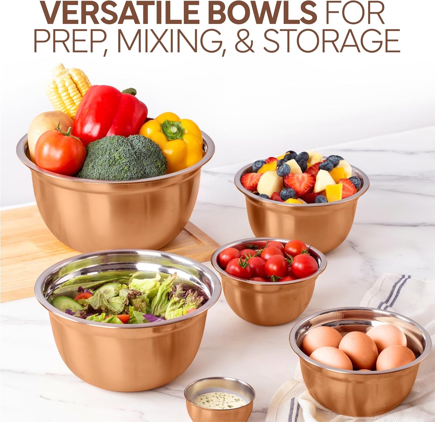 18 Piece Mixing Bowls Set with Airtight Lids, Stainless Steel Bowl Organizers, Food Storage Containers, Meal Prep, Nesting Salad Bowls for Cooking, Baking, Kitchen Use, Copper