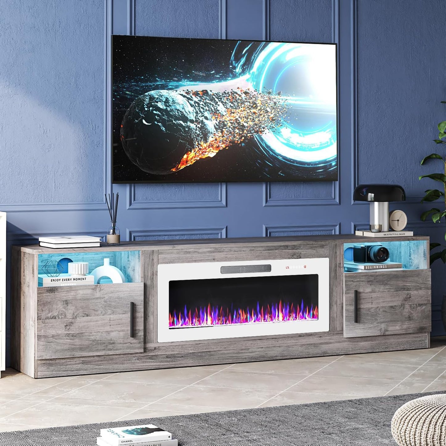 Fireplace TV Stand Entertainment Center with 36" Fireplace, 70" Wooden TV Stand for Tvs up to 80", Media TV Console with High Gloss Storage Cabinet and 16 Colors LED Lights (Black)