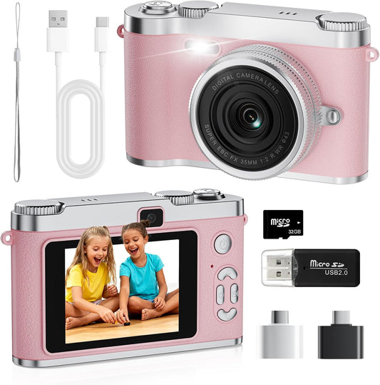 Upgrade Kids Selfie Camera, HD Digital Video Cameras for Toddler, Portable Toy for 3 4 5 6 7 8 Year Old Girl with 32GB SD Card-Pink