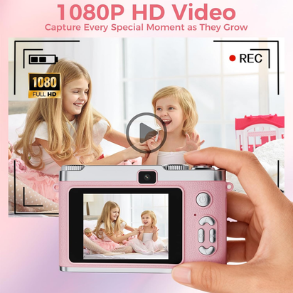 Upgrade Kids Selfie Camera, HD Digital Video Cameras for Toddler, Portable Toy for 3 4 5 6 7 8 Year Old Girl with 32GB SD Card-Pink