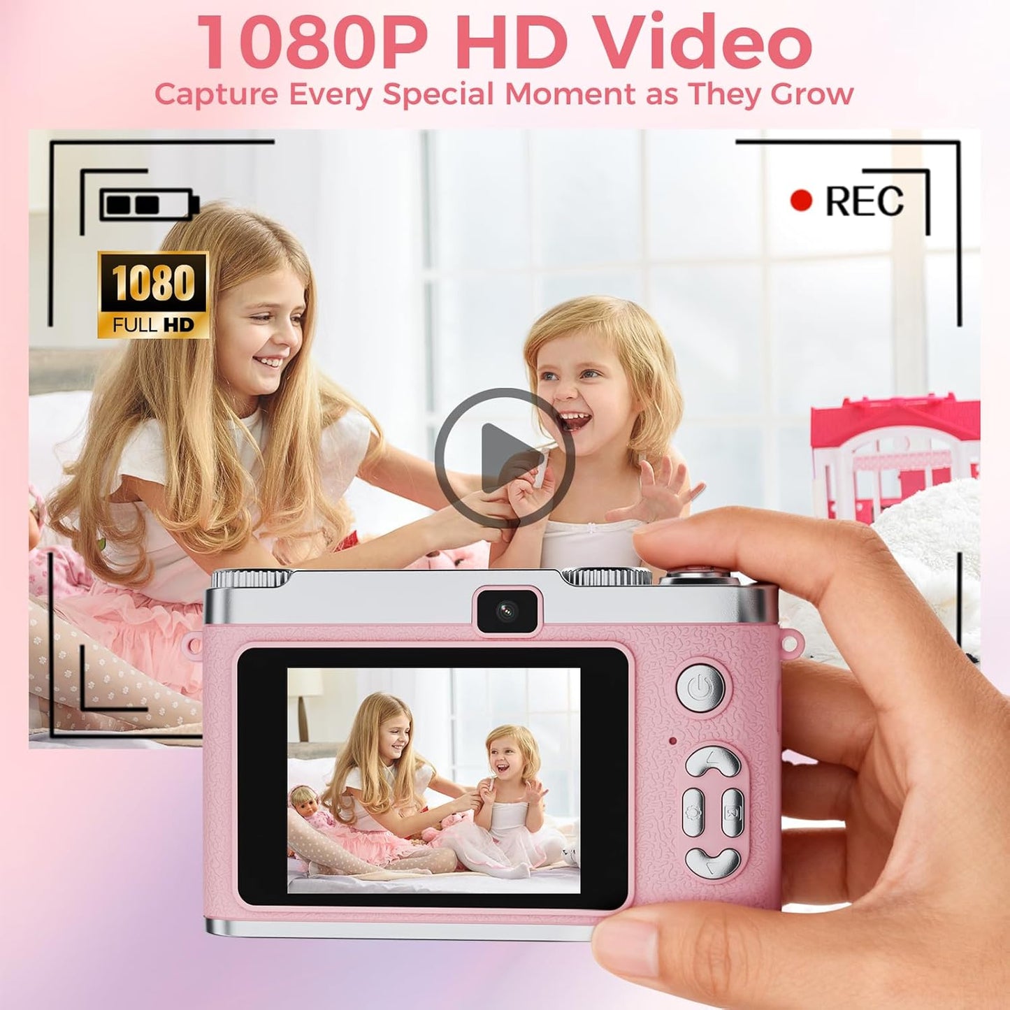 Upgrade Kids Selfie Camera, HD Digital Video Cameras for Toddler, Portable Toy for 3 4 5 6 7 8 Year Old Girl with 32GB SD Card-Pink