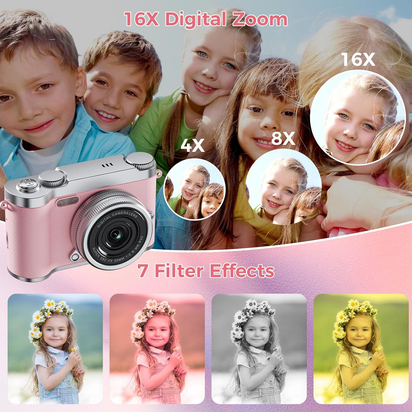 Upgrade Kids Selfie Camera, HD Digital Video Cameras for Toddler, Portable Toy for 3 4 5 6 7 8 Year Old Girl with 32GB SD Card-Pink