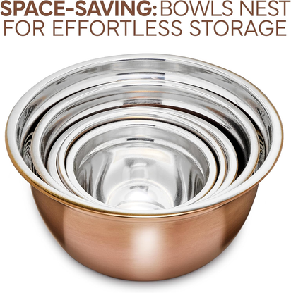 18 Piece Mixing Bowls Set with Airtight Lids, Stainless Steel Bowl Organizers, Food Storage Containers, Meal Prep, Nesting Salad Bowls for Cooking, Baking, Kitchen Use, Copper