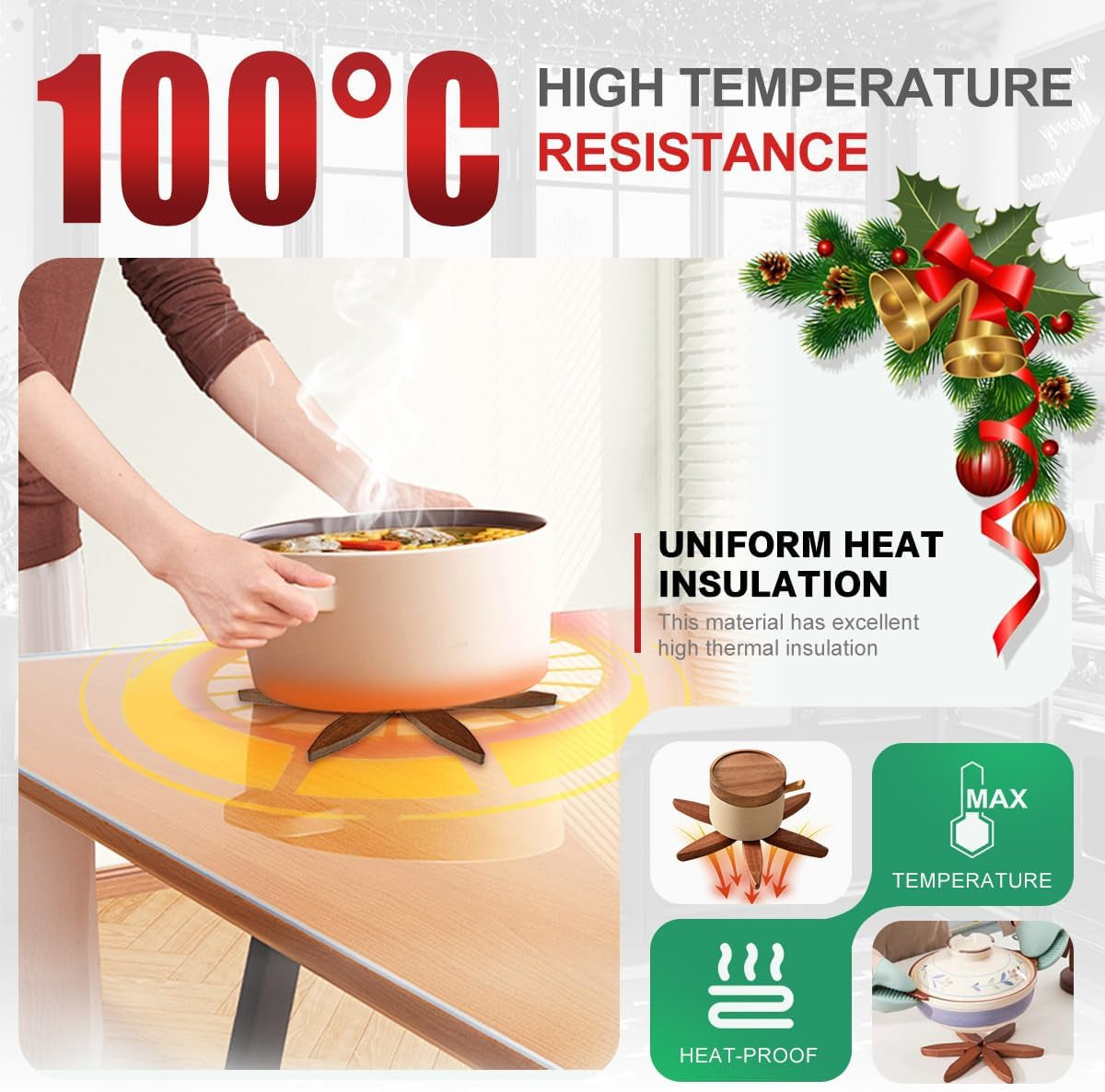 Wooden Trivet Tree Set for Hot Dishes, 100% Natural Wood, Expandable Design Coaster, Foldable Tree-Sharped Placemats with 4Pcs(Walnut Color)