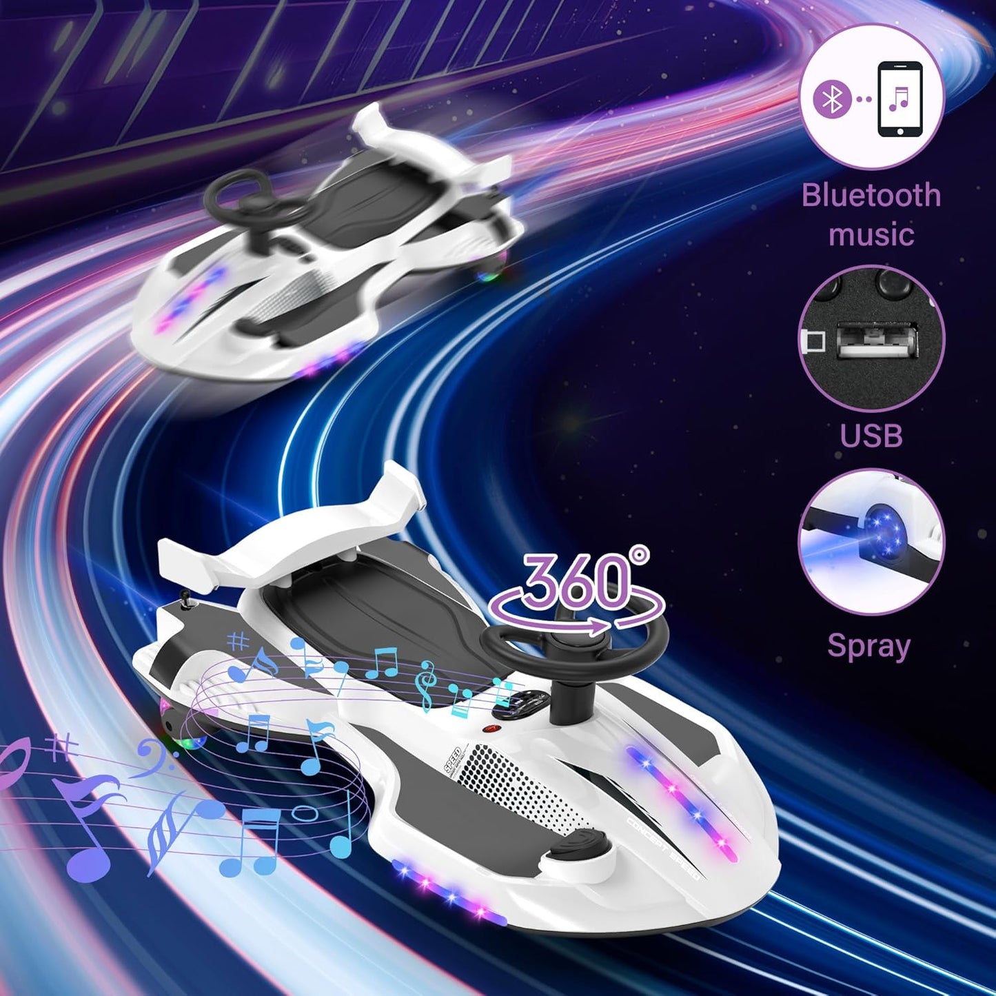 12V Electric Wiggle Car with Pedal for Kids, Rechargeable 2 in 1 Swing Car, Drifting Ride on Toys with Backrest, Anti-Rollover, Spray, Flashing Light, Music, for Ages 3 and Up, 150 Lbs (White)