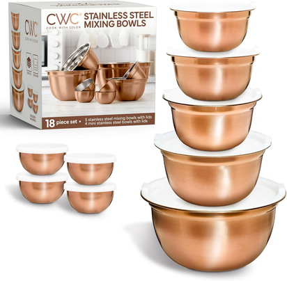 18 Piece Mixing Bowls Set with Airtight Lids, Stainless Steel Bowl Organizers, Food Storage Containers, Meal Prep, Nesting Salad Bowls for Cooking, Baking, Kitchen Use, Copper