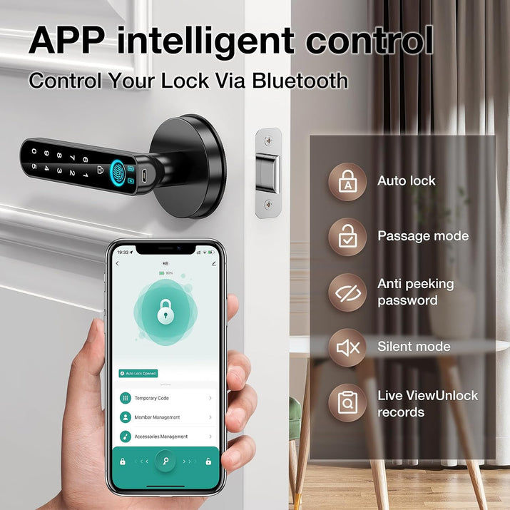 Fingerprint Door Lock- Smart Door Knob,Biometric Door Lock，With Passcode Keypad Keyless Entry Door Handle，For Bedroom Home Hotel Office Apartment (Black with APP)