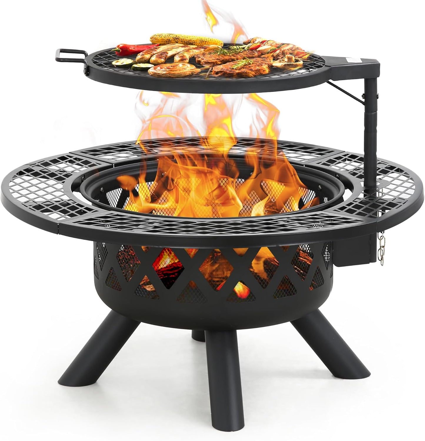 Fire Pit with Poker, 32 Inch Outdoor Fire Pit Patio, Wood Burning Firepits for outside with Grill