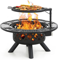 Fire Pit with Poker, 32 Inch Outdoor Fire Pit Patio, Wood Burning Firepits for outside with Grill