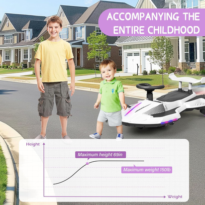 12V Electric Wiggle Car with Pedal for Kids, Rechargeable 2 in 1 Swing Car, Drifting Ride on Toys with Backrest, Anti-Rollover, Spray, Flashing Light, Music, for Ages 3 and Up, 150 Lbs (White)