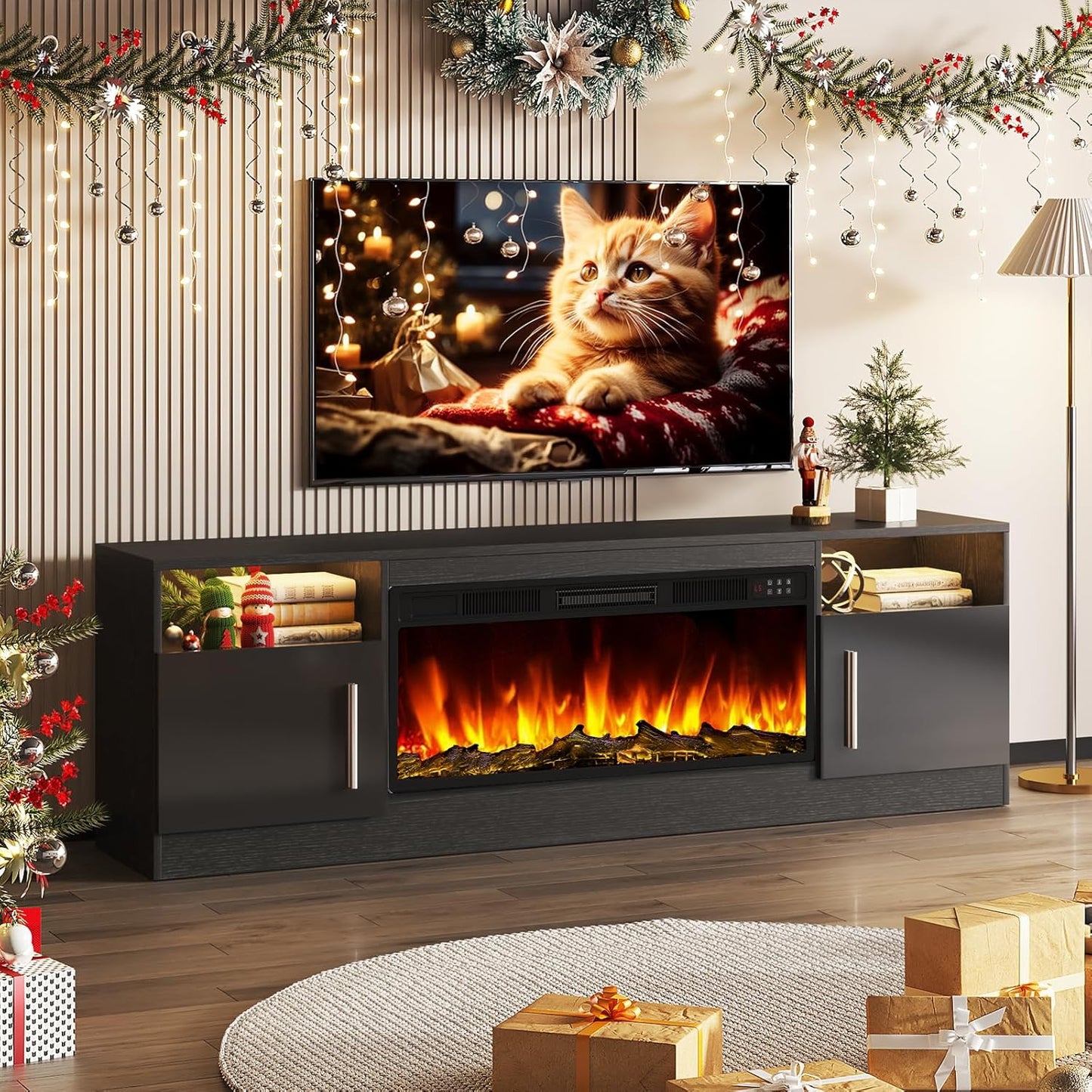 Fireplace TV Stand Entertainment Center with 36" Fireplace, 70" Wooden TV Stand for Tvs up to 80", Media TV Console with High Gloss Storage Cabinet and 16 Colors LED Lights (Black)