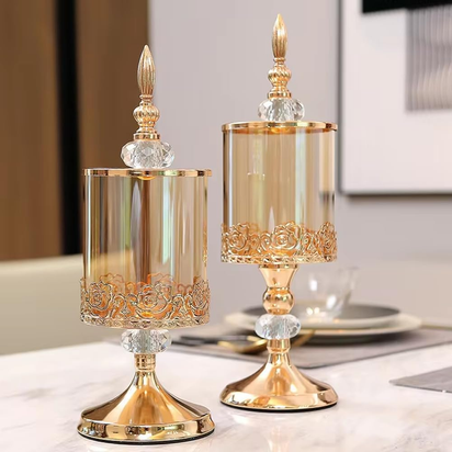 European Crystal Glass Storage Jar with Lid Rose Candy Jar Gold-Plated Storage Decorative Ornaments Art Homedecoration,L