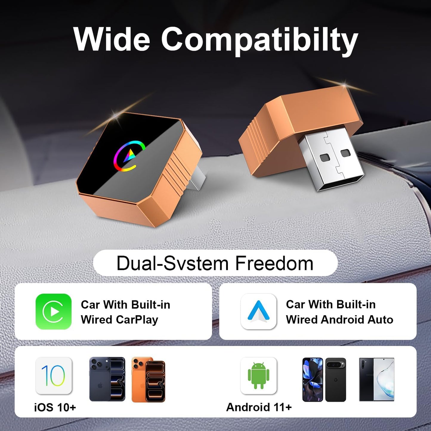 Wireless Carplay Adapter for Iphone,Wired Carplay to Wireless,Android Auto 2In1 Mini USB Design with Fast Stable Connection Car Play for Apple Ios 10+, Android 11+ Version