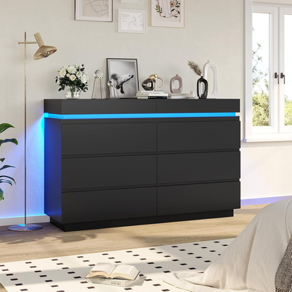 Modern 6 Drawer Dresser with Sliding Desktop, Wide Chest of Drawers with Charging Station & LED Lights, Large Storage Tower Clothes Organizer, Black Dresser for Bedroom