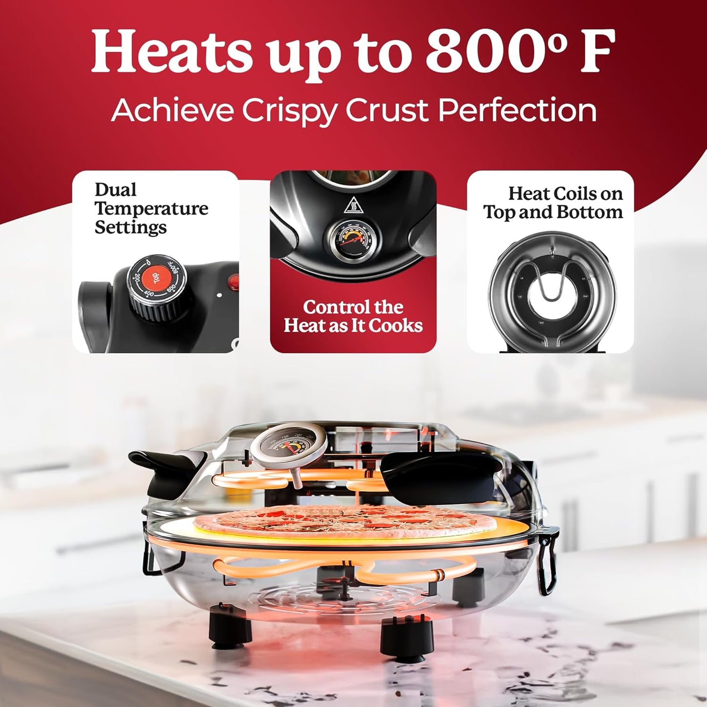 Crispy Crust Pizza Oven by  – 12 Inch Electric Pizza Oven Indoor Countertop Maker with Ceramic Stone Heats up to 800˚F for Stone Baked Pizzeria Style at Home as Seen on TV Products