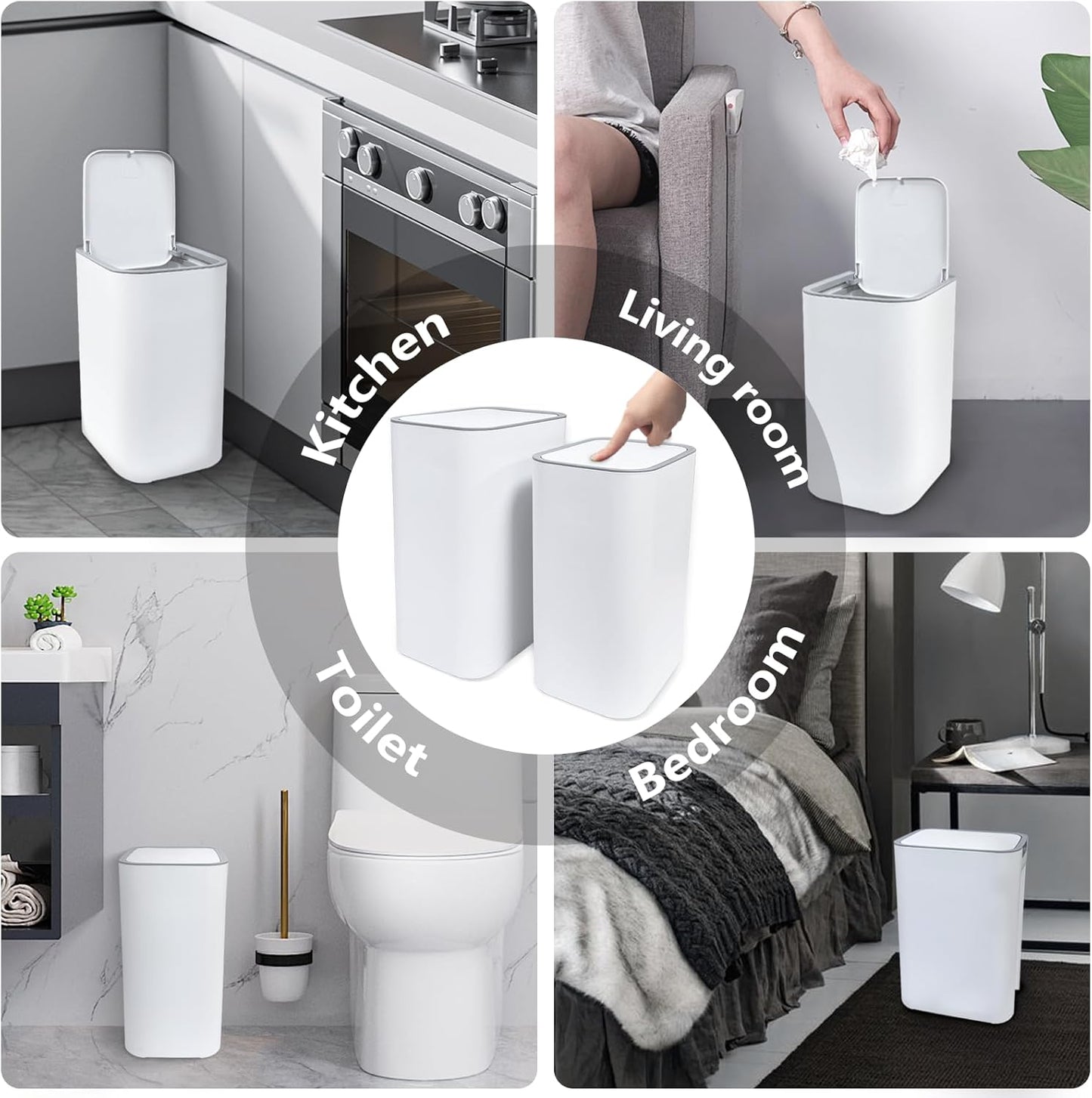 13 Gallon Trash Can with Lid, 25-45 L Altitude Variable Bin, Garbage Can with Wheels for Kitchen, Bathroom, Bedroom, Office, Two Space-Saving Small Waste Bin and Garbage Bag