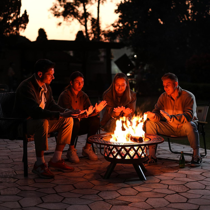 Fire Pit with Poker, 32 Inch Outdoor Fire Pit Patio, Wood Burning Firepits for outside with Grill