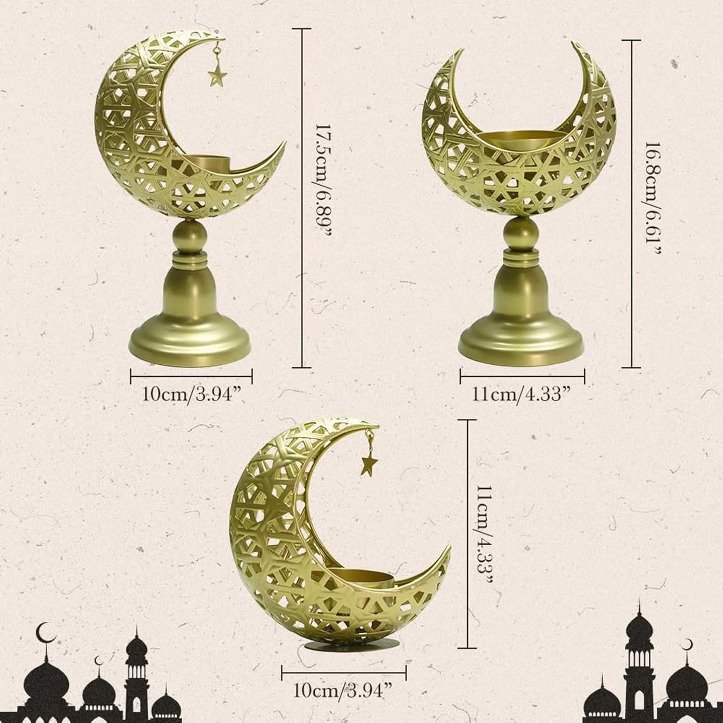 Eid Ramadan Kareem New Moon Shape Candle Holder,,Moon Candle Stand Centerpieces for Eid Mubarak Table Decorations (3 Pcs)