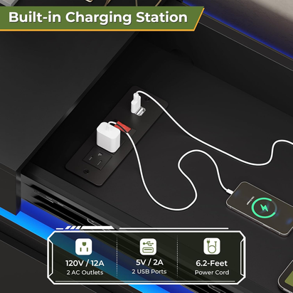 Modern 6 Drawer Dresser with Sliding Desktop, Wide Chest of Drawers with Charging Station & LED Lights, Large Storage Tower Clothes Organizer, Black Dresser for Bedroom